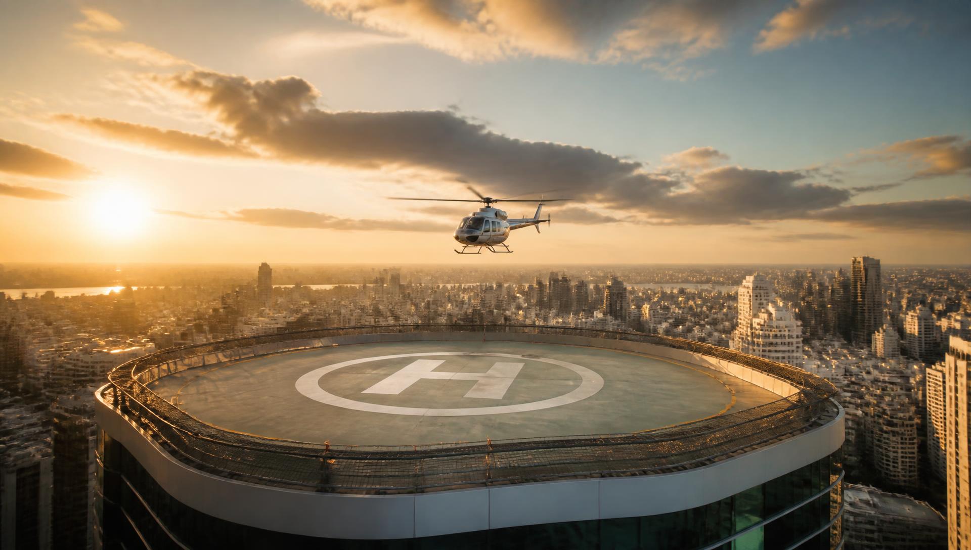 Heliponto elevado na cobertura de um edifício, com helicóptero em aproximação